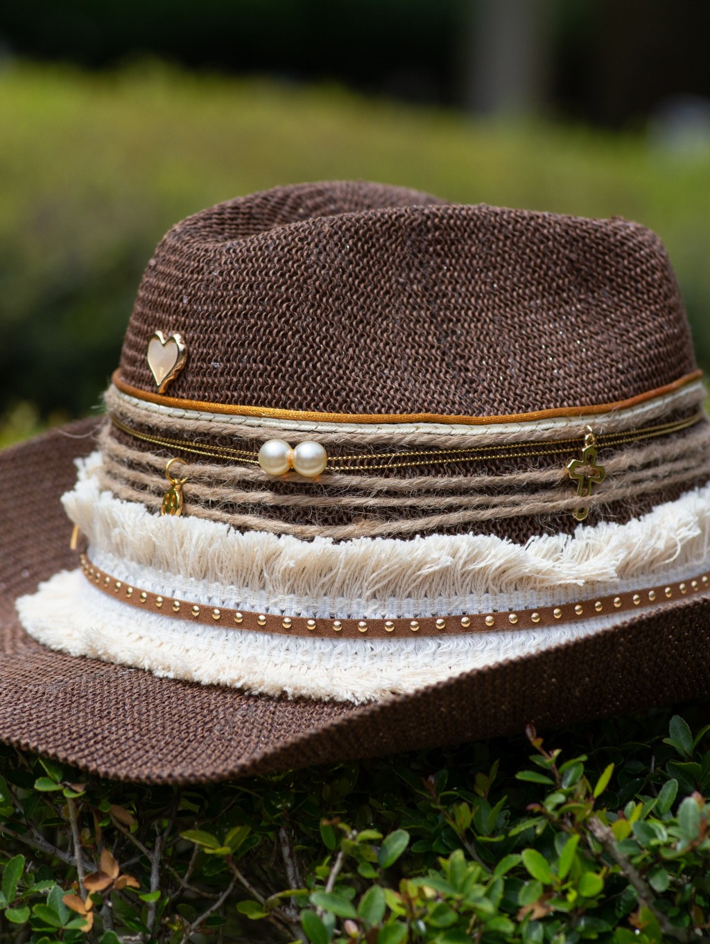 Brown Boho Straw Fedora With Fringe & Pearl Accents